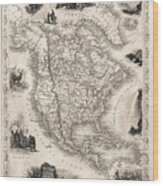 North America Map 1851 With Illustrations And Boundaries Wood Print