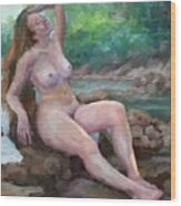 Nude Woman By Creek Wood Print