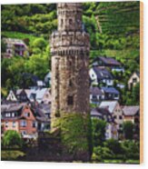 Oberwesel Town Wall Guard Tower, Watercolor On Sandstone Wood Print