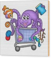 Octopus And Shopping Cart Wood Print