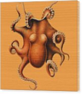 Octopus In Orange Wood Print