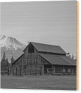 Old Barn And Mt. Shasta Bw Wood Print