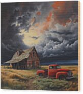 Old Barn And Red Truck Art Wood Print