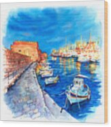 Old Harbour Of Heraklion At Night Wood Print