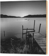 Old Pier After Sunset In Black And White Wood Print