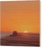 On Fields Of Gold - Combine At Sunset In A Nd Wheat Field Wood Print