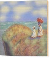On The Cliff With A Parasol Wood Print