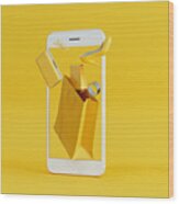 Online Shopping At Smartphone With Flying Yellow Wallet, Clutch Bag And Shoe Background Wood Print