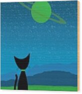 Outer Space Cat Admires Ringed Planet 3 Wood Print