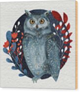 Owl With Flowers Wood Print