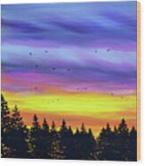 Pacific Northwest Sunset Over Pine Trees Wood Print