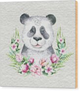 Panda Bear With Flowers Wood Print