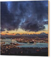 Panoramic View Of Ferrol Estuary With Bridge And Shipyards Stormy Sky At Dusk La Corua Galicia Wood Print