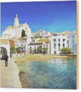 Panoramic View Of Population Of Cadaques - 1 - Watercolor Editio Wood Print