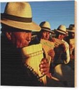 Panpipe Musicians At Golden Hour Oruro Region Bolivia Wood Print