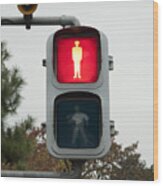 Pedestrian Light On Red Wood Print