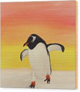 Penguin At Sunset Wood Print