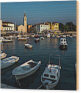 Picturesque Village Fazana In Croatia With Old Church And Boats In Harbor Wood Print