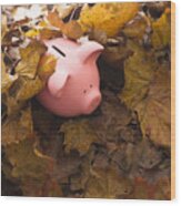 Piggy Bank On Leaves Wood Print