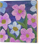 Pink And Blue Flowers Wood Print