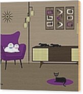 Pink And Purple Mid Century Room With White Dogs Black Cat Wood Print