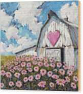 Pink Heart Barn In The Daises Wood Print