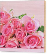 Pink Roses On Pink Wood Table, Mother's Day Background With Copy Space. Wood Print