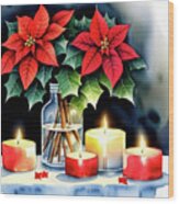 Poinsettia And Holiday Candles Wood Print