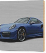 Porsche 911 991 Turbo S Digitally Drawn - Dark Blue With Side Decals Script Wood Print