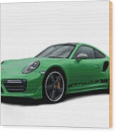 Porsche 911 991 Turbo S Digitally Drawn - Green With Side Decals Script Wood Print