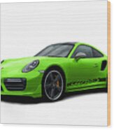 Porsche 911 991 Turbo S Digitally Drawn - Light Green With Side Decals Script Wood Print