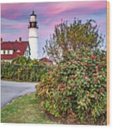 Portland Head Light Sunset - Cape Elizabeth Maine Panorama Wood Print