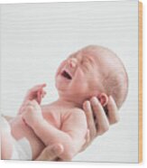 Portrait Of A Screaming Newborn Hold At Hands Wood Print