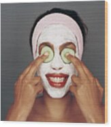 Portrait Of A Woman With A Beauty Mask Wood Print
