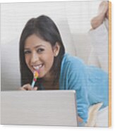 Portrait Of Girl With Laptop Smiling Wood Print