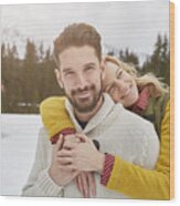 Portrait Of Romantic Couple In Snow, Elmau, Bavaria, Germany Wood Print