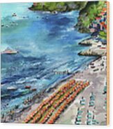 Positano Summer Beach Italy Watercolors And Ink Wood Print