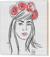 Pretty Girl With Roses In Her Hair Wood Print