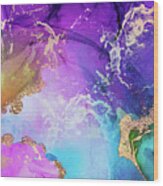 Purple, Blue And Gold Metallic Abstract Watercolor Art Wood Print