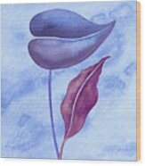 Purple Exotic Leaves With Blue Watercolor Sky Wood Print