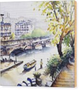 Quai De Bourbon Paris Painting Paris Seine Watercolor Landscape Wood Print