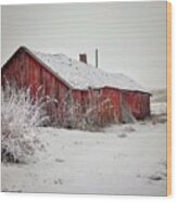 Red Barn In The Snow Wood Print