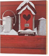 Red Birdhouse On Shelf In The Snow Wood Print