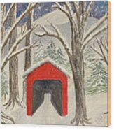 Red Bridge In The Snow Wood Print
