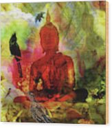 Red Buddha With Birds Wood Print