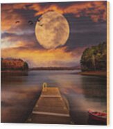 Red Canoe At The Moonlit Night Lake Dock Wood Print