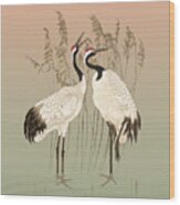 Red Crowned Cranes At Sunset Wood Print