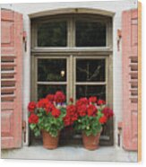 Red Flowers And Red Shutters Wood Print