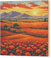 Red Poppy Flower Field Sunset Painting Wood Print
