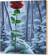 Red Rose In The Snow Wood Print